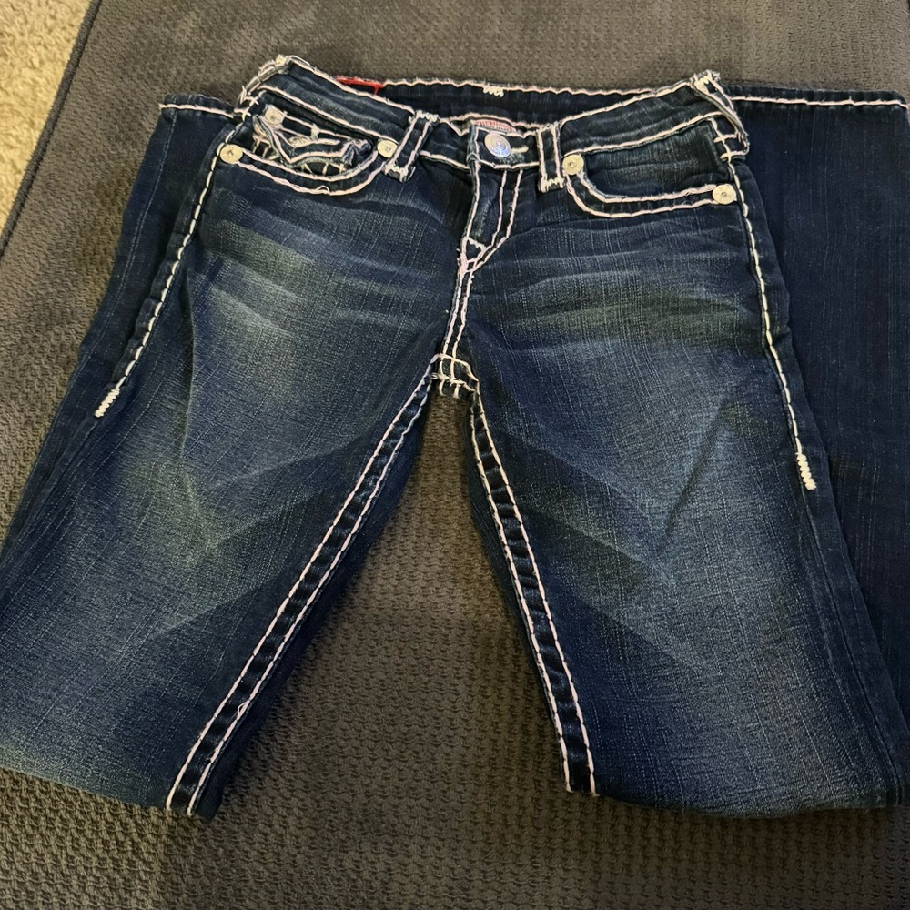 Women true religion, blue jeans with pink stitching size 14